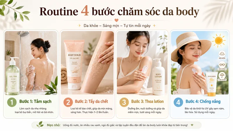 Một routine body đơn giản nhưng đều đặn có thể giúp da sạch, mịn và sáng khỏe tự nhiên hơn.