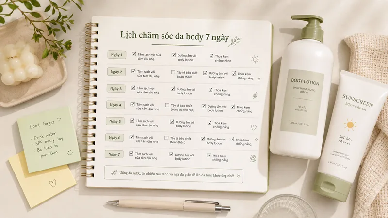 Lịch chăm sóc 7 ngày giúp người mới xây dựng thói quen làm sạch, dưỡng ẩm và chống nắng đều đặn.