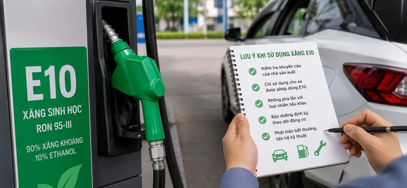 Khi lần đầu sử dụng xăng E10, người dùng nên đọc kỹ thông tin trên trụ bơm, chọn điểm bán uy tín và theo dõi khả năng vận hành của xe.